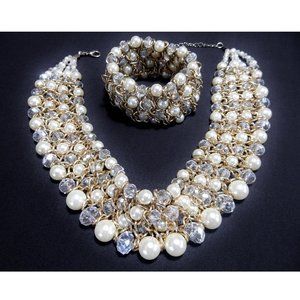 Vintage Retro Woven Collar Necklace w/ Bracelet Set, Faceted Crystals Faux Pearl